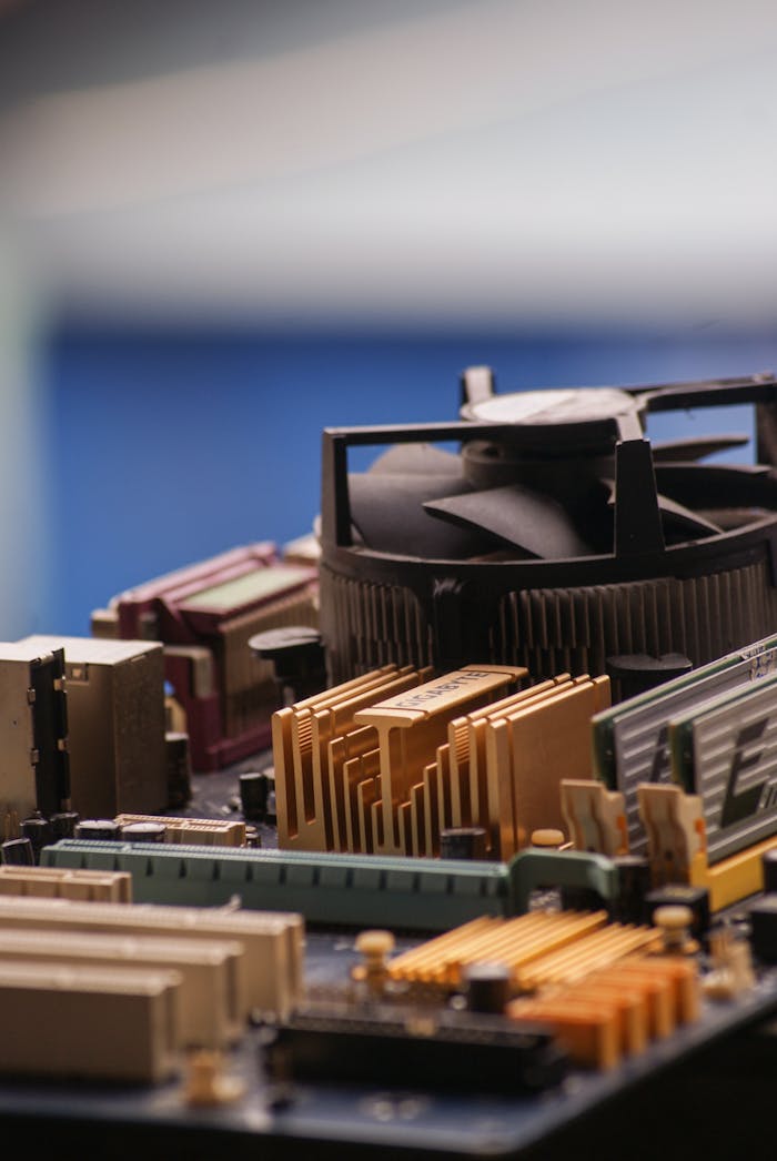 Detailed view of various computer motherboard components showcasing tech elements.